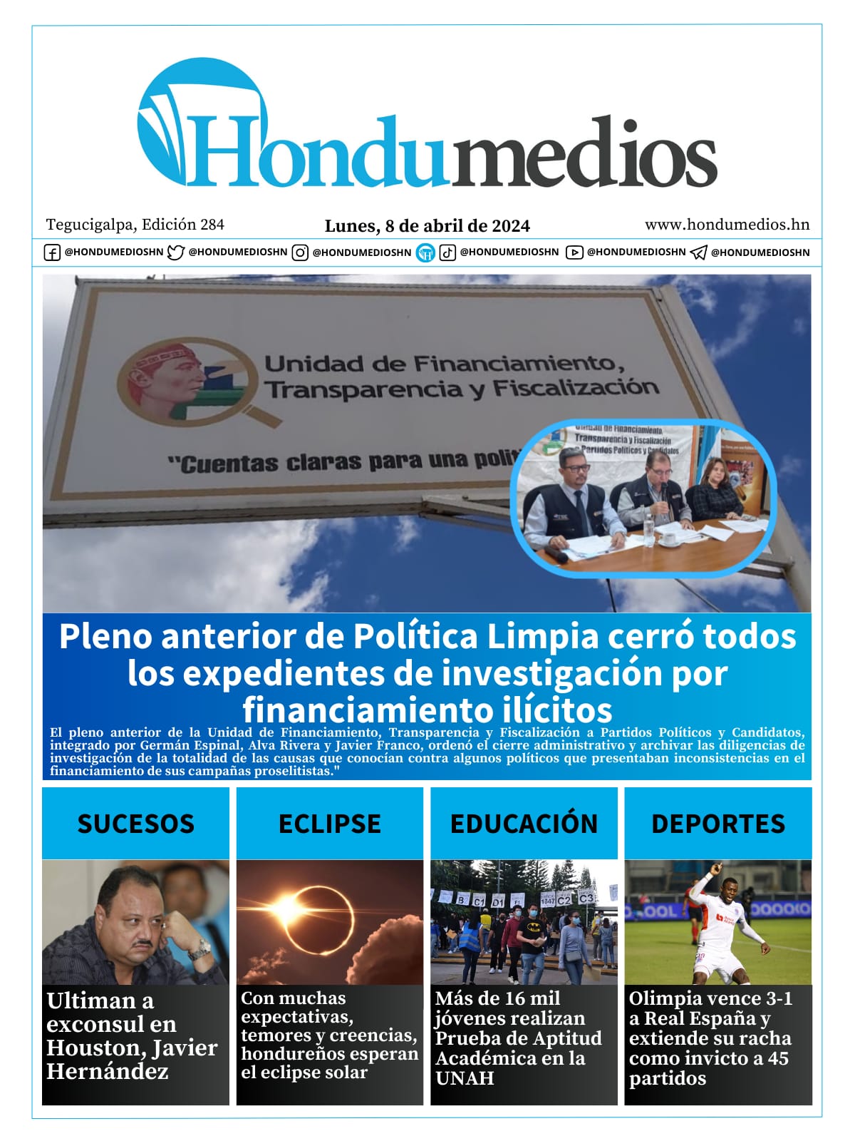 Portada Para Este Lunes 08 De Abril Del 2024 Hondumedios